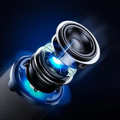 Close-up of a high-tech Meacode Portable Bluetooth Speaker with a lens and blue light on a dark background
