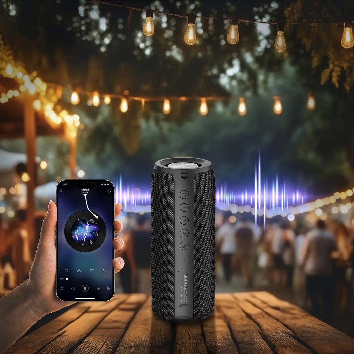 Smartphone and wireless Meacode Bluetooth Speaker on a wooden table with blurred outdoor background