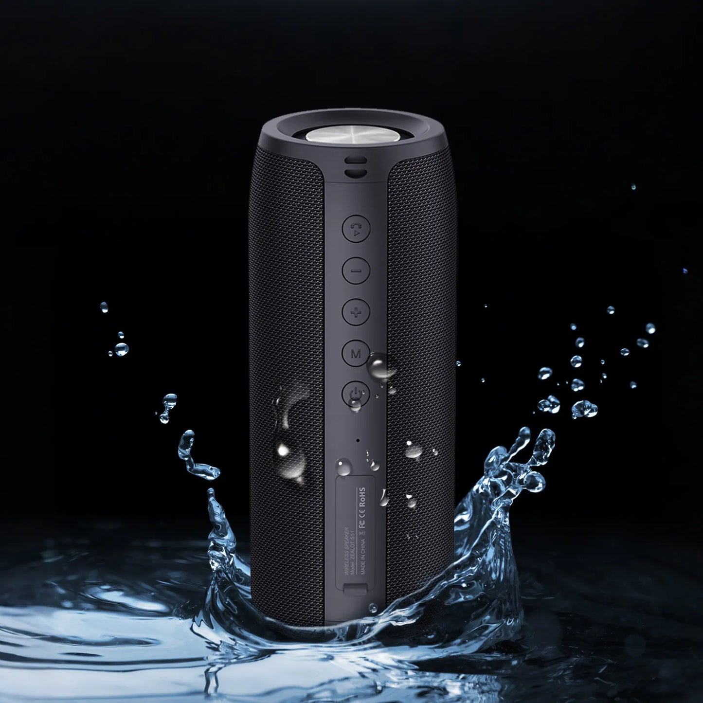 Black Meacode Portable Bluetooth Speaker with water droplets on a dark background