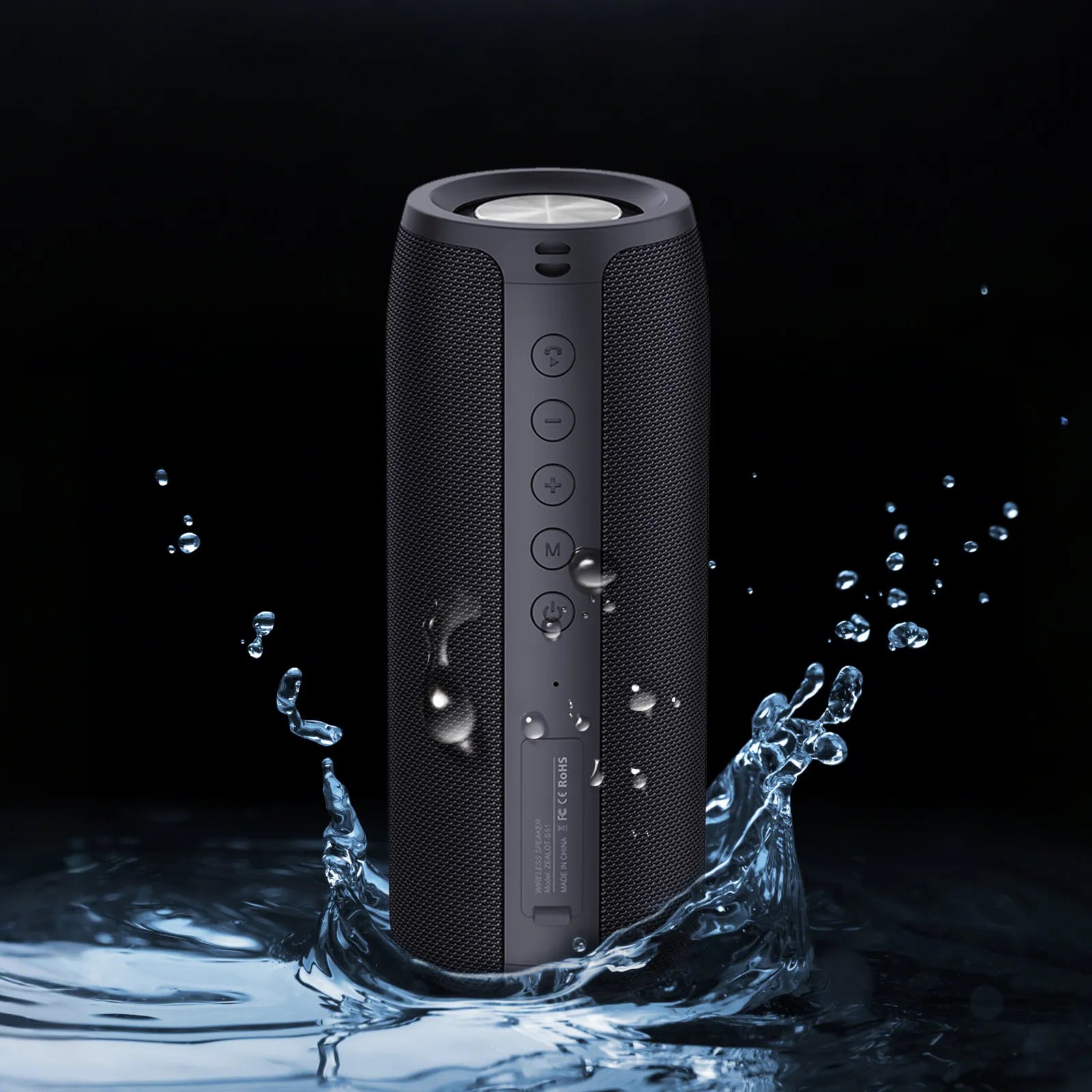 Black Meacode Portable Bluetooth Speaker with water droplets on a dark background