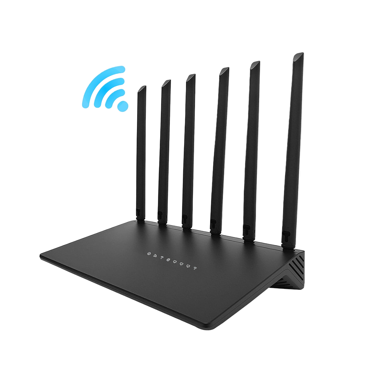 Black Meacode WiFi Router with multiple antennas on a white background