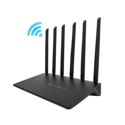 Black Meacode WiFi Router with multiple antennas on a white background