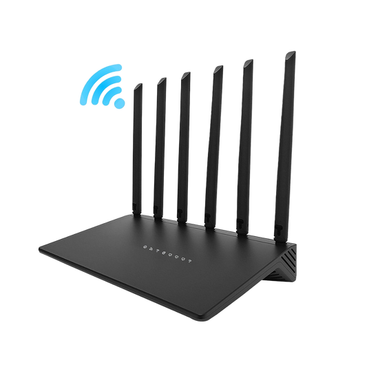 Black Meacode WiFi Router with multiple antennas on a white background