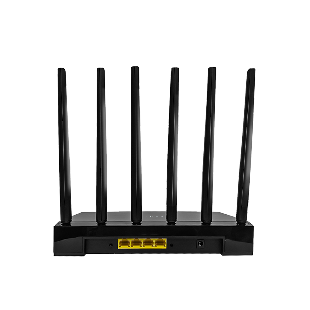 Black Meacode WiFi Router with multiple antennas on a white background