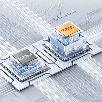 Close-up of a computer chip with 'MT7981B' on a futuristic circuit board.