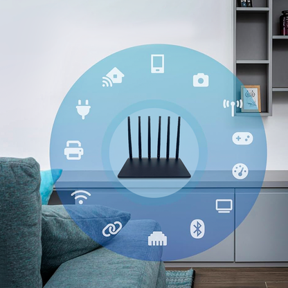 Meacode WiFi Router with connectivity icons in a living room setting