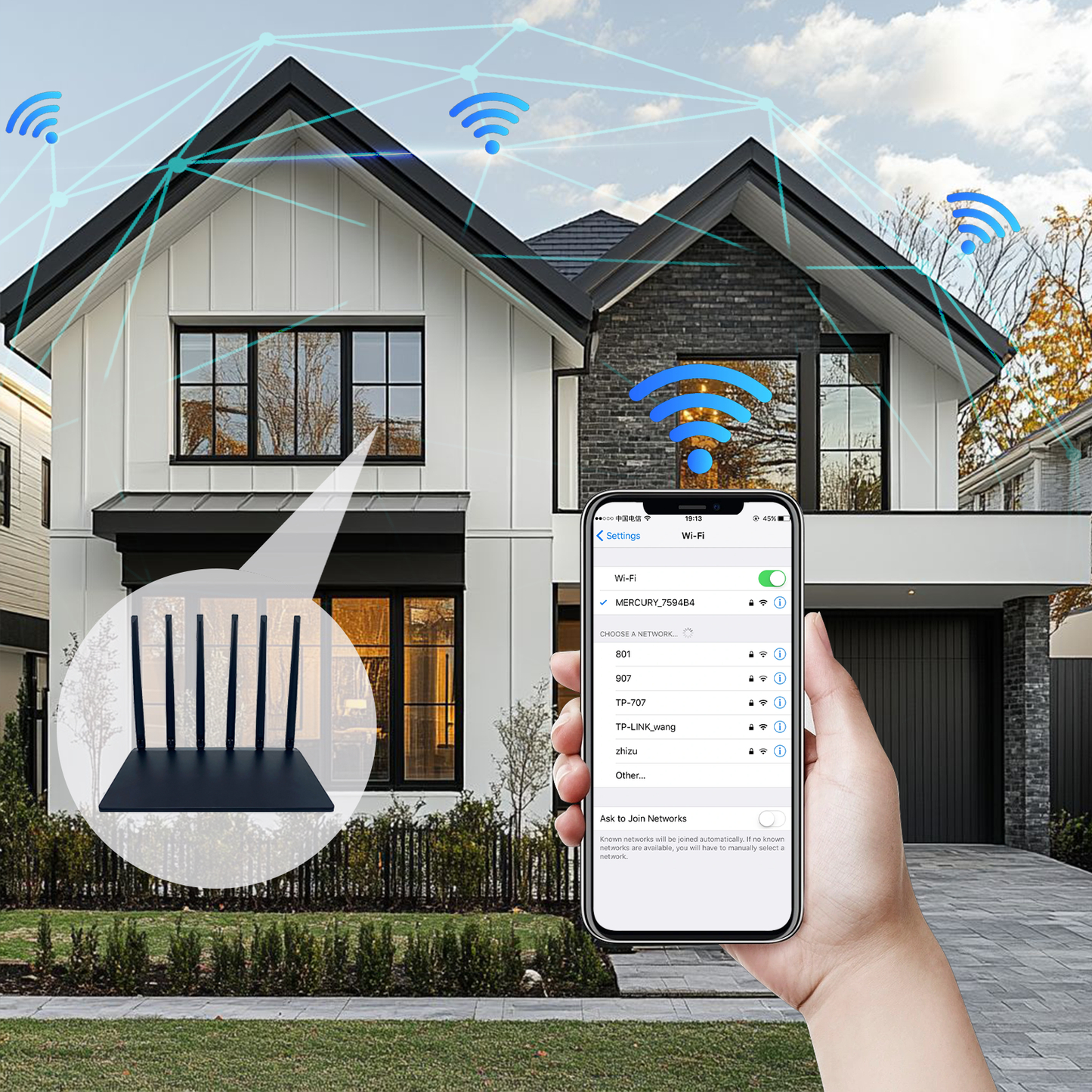 Smart home control Meacode WiFi Router with smartphone app on a house background