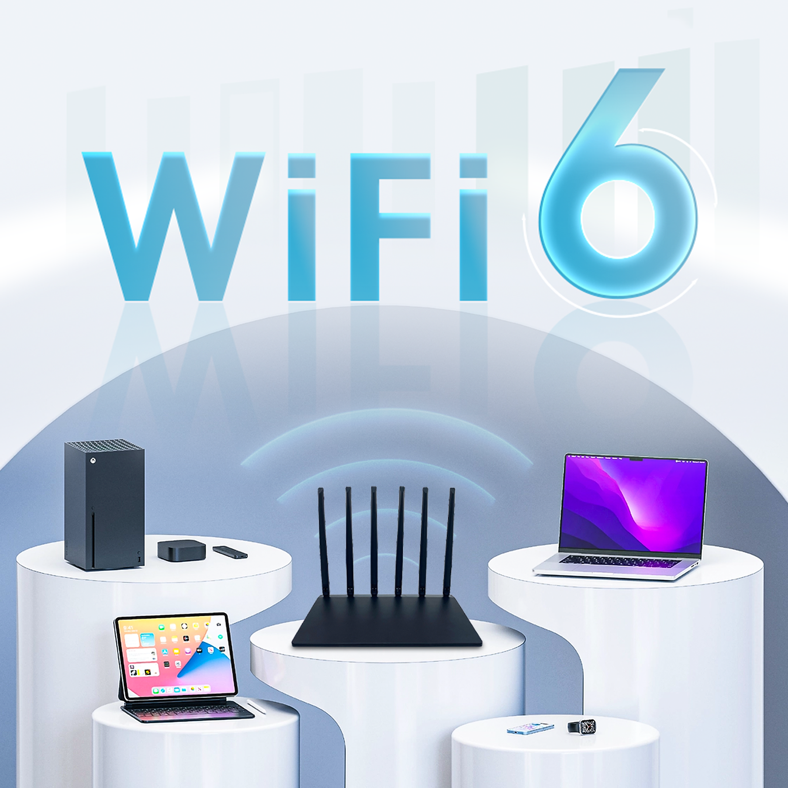 WiFi 6 technology with devices on display against a light blue background