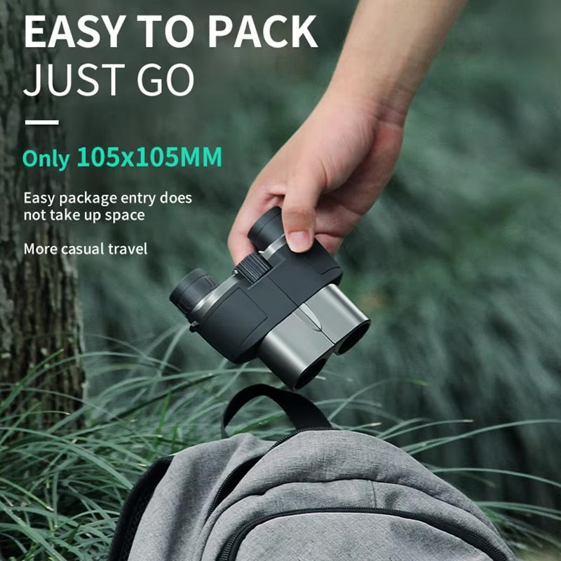 Hand holding a small MikoSpek Binoculars next to a backpack with text about its size and portability.