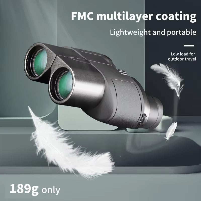MikoSpek Binoculars with FMC multilayer coating, lightweight, and portable, featuring feathers on a gray background.