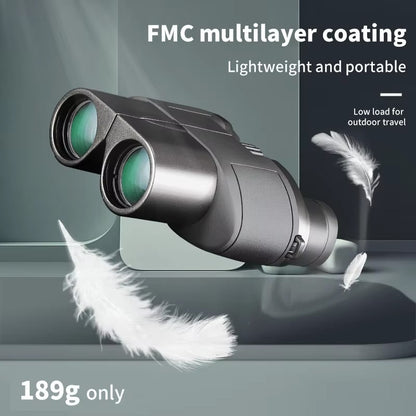 MikoSpek Binoculars with FMC multilayer coating, lightweight, and portable, featuring feathers on a gray background.