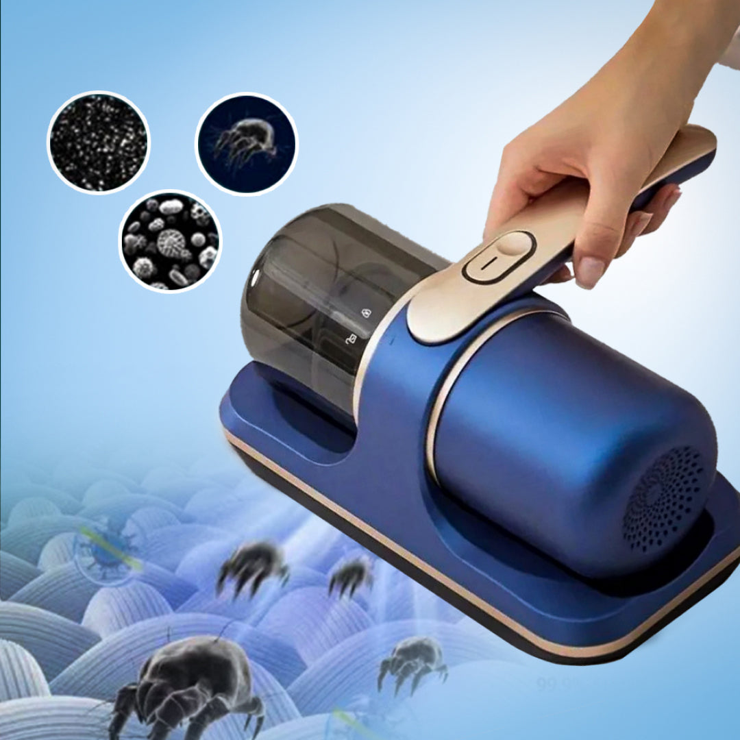 Mitelipik Vacuum Dust Bites and black brush head, surrounded by images of dust and pet hair on a blue background.