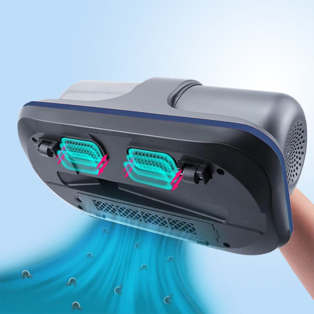 Mitelipik Vacuum Dust Bites device with cooling fans on a blue background