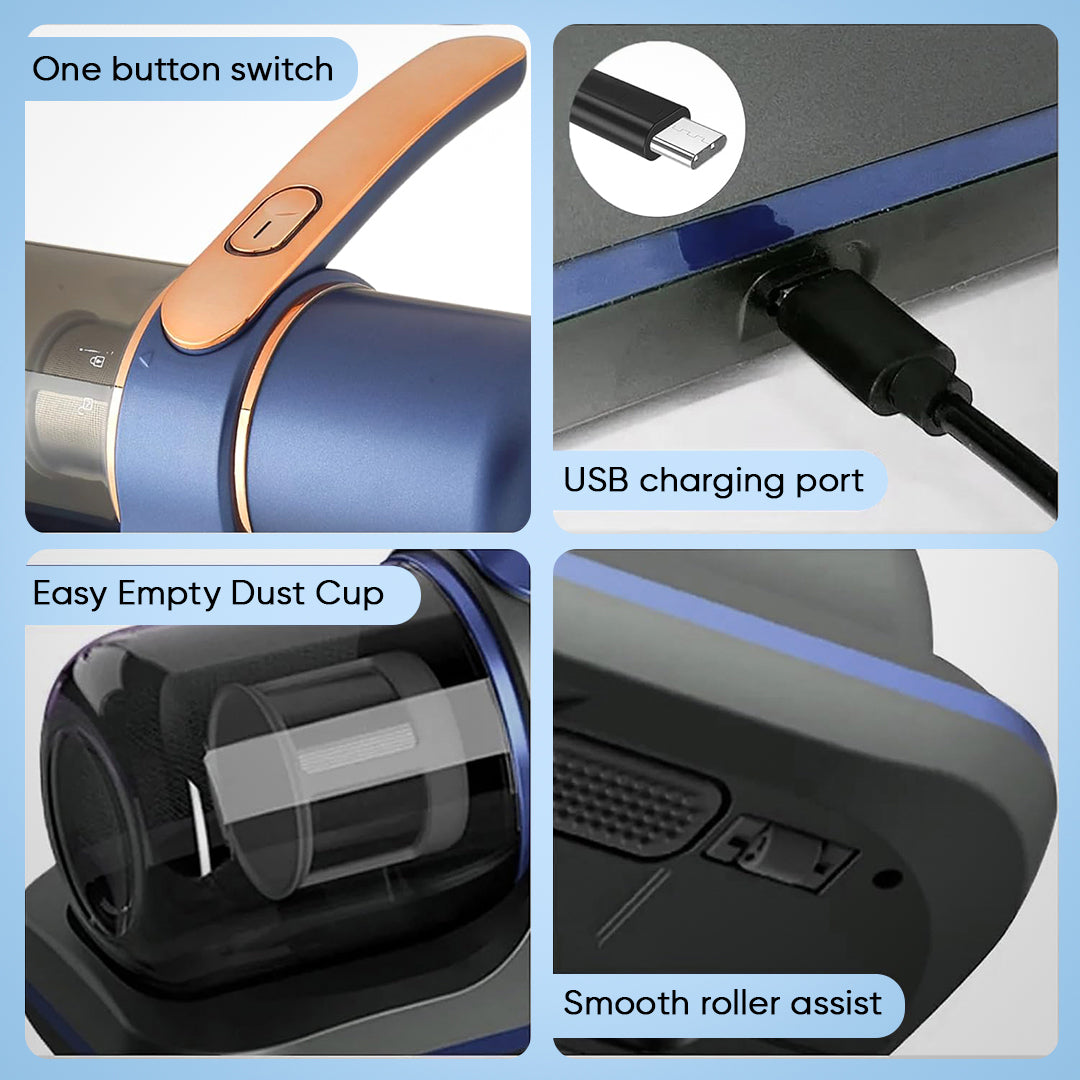 Mitelipik Vacuum Dust Bites features including one button switch, USB charging port, easy empty dust cup, and smooth roller assist.