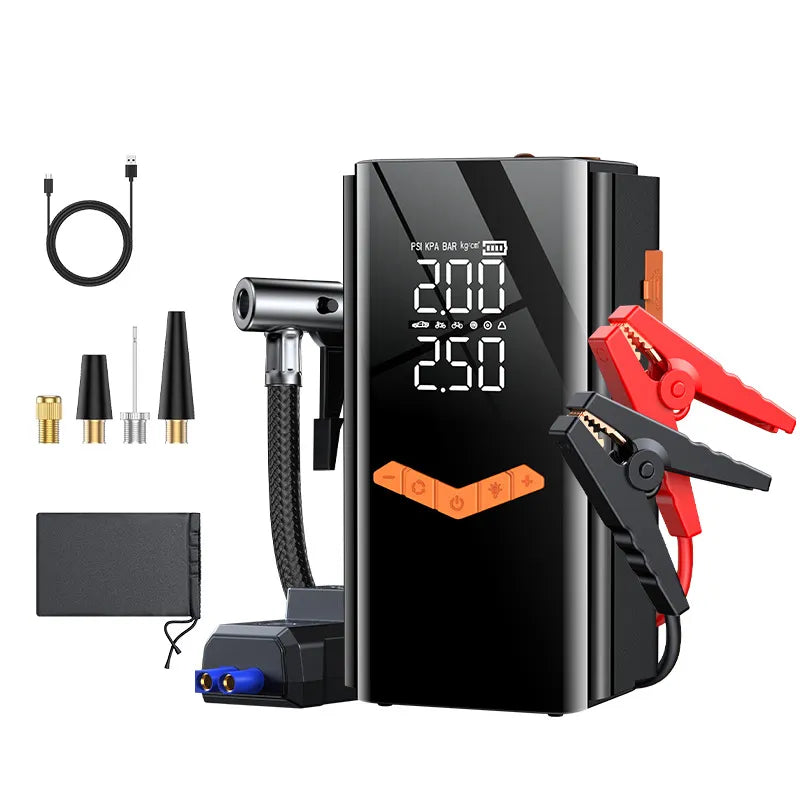 Black Moxier 2 in 1 Tyre Inflator Jump Starter with digital display and accessories on a white background