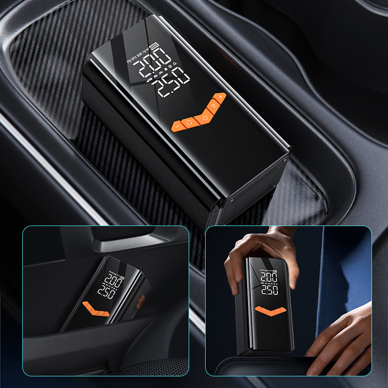 Car Moxier 2 in 1 Tyre Inflator Jump Starter with digital display and temperature indicator, placed in a car's air vent.