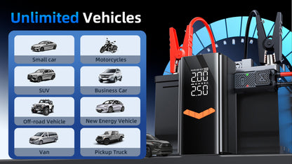 Battery Moxier 2 in 1 Tyre Inflator Jump Starter with vehicle type selection interface on a blue background
