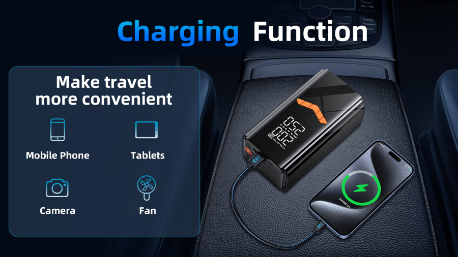 Portable Moxier 2 in 1 Tyre Inflator Jump Starter with charging functions for electronic devices on a car seat.