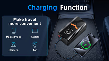 Portable Moxier 2 in 1 Tyre Inflator Jump Starter with charging functions for electronic devices on a car seat.