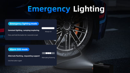 Car tire with emergency Moxier 2 in 1 Tyre Inflator Jump Starter mode display on a dark background