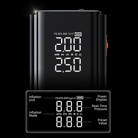 Digital Moxier 2 in 1 Tyre Inflator Jump Startermonitor with display on a black background