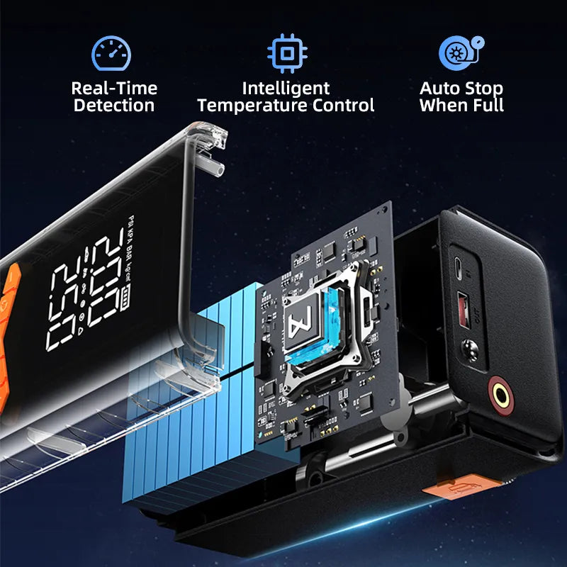 Moxier 2 in 1 Tyre Inflator Jump Starter component with digital display and cooling system on a dark background