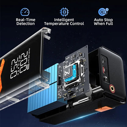 Moxier 2 in 1 Tyre Inflator Jump Starter component with digital display and cooling system on a dark background