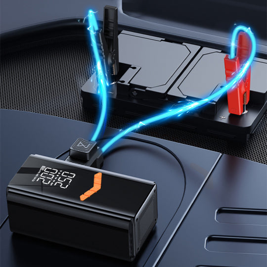Moxier 2 in 1 Tyre Inflator Jump Starter with blue lights and digital display on a dark surface