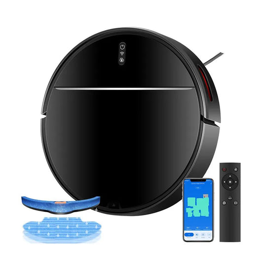 Moxier M7S Robot Vacuum cleaner with additional parts and a remote control on a white background