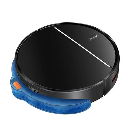 Black and blue Moxier M7S Robot Vacuumcleaner on a white background