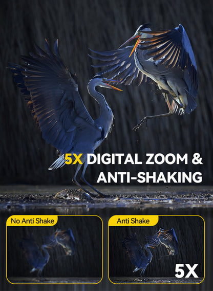 Two birds with text highlighting 5x digital zoom and anti-shake feature.