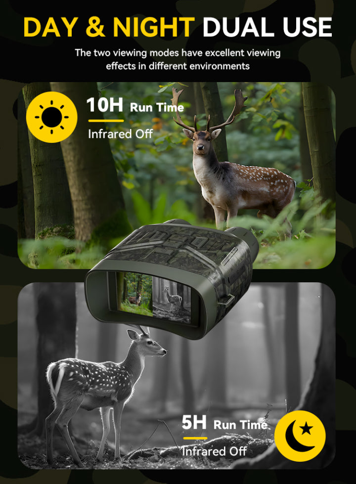 Moxier N4 Night Vision Goggles with day and night dual use feature, showing deer in forest and infrared mode.