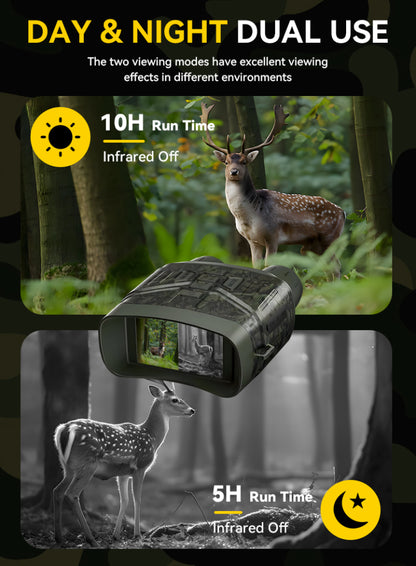 Moxier N4 Night Vision Goggles with day and night dual use feature, showing deer in forest and infrared mode.