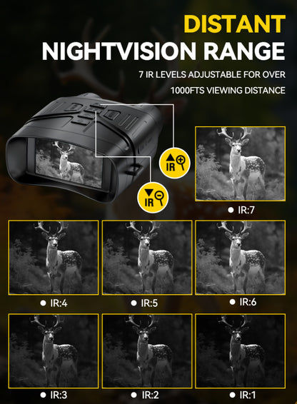 Nightvision Moxier N4 Night Vision Goggles with deer images and IR level indicators on a dark background
