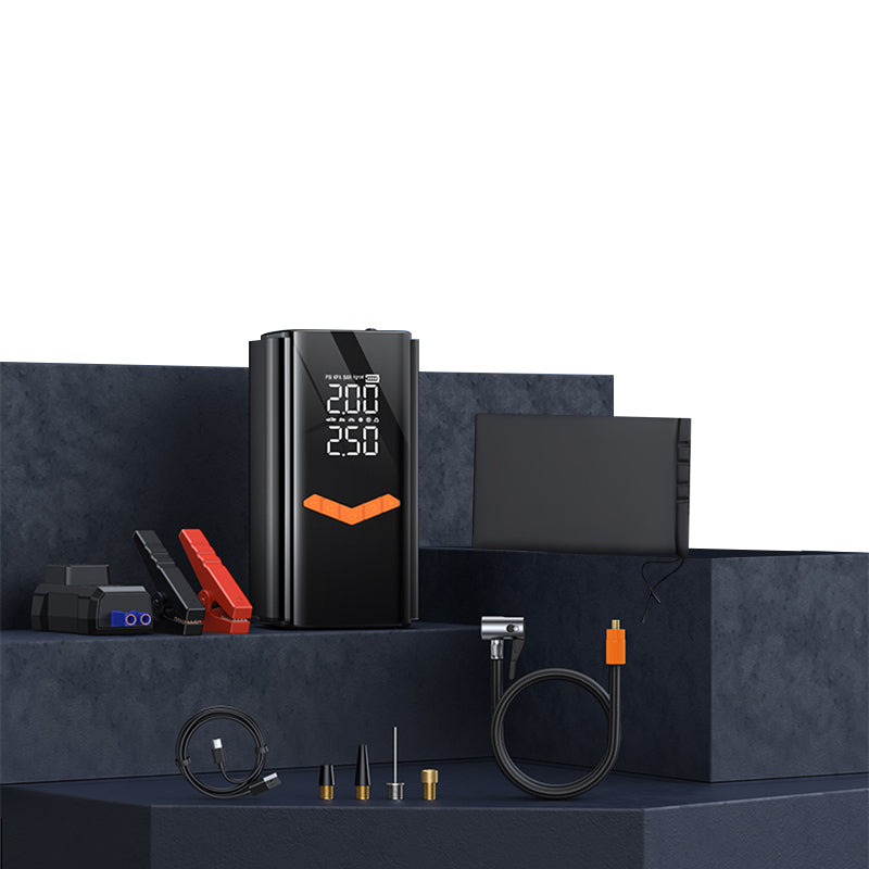 Black Moxier 2 in 1 Tyre Inflator Jump Starter with digital display on a dark platform