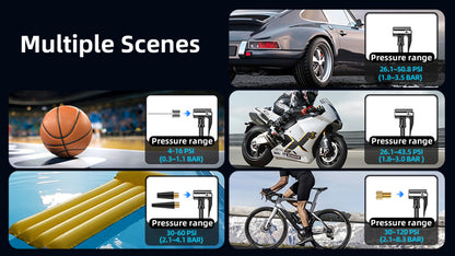 Collage of various pressure measurement scenarios including a car, basketball, motorcycle, bicycle, and pool noodles.