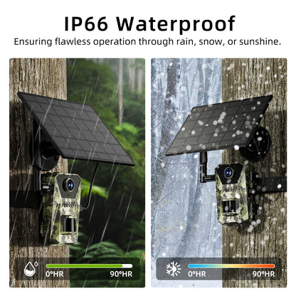 Two images of a waterproof Naturepar F8 Trail Camera system in rain and snow with text highlighting its IP66 rating.