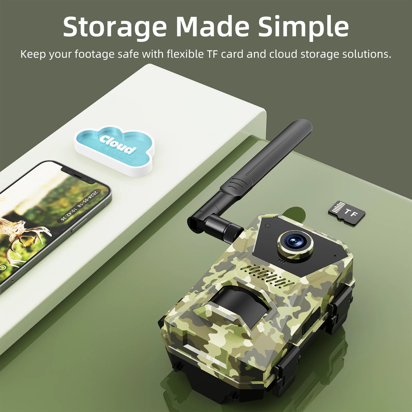 Naturepar F8 Trail Camera-patterned storage device with smartphone, cloud icon, and TF card on a green surface.