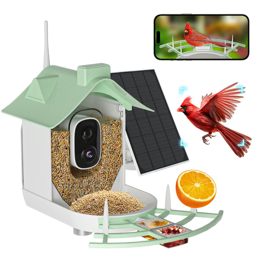 Bird feeder with camera, solar panel, and bird illustrations on a white background