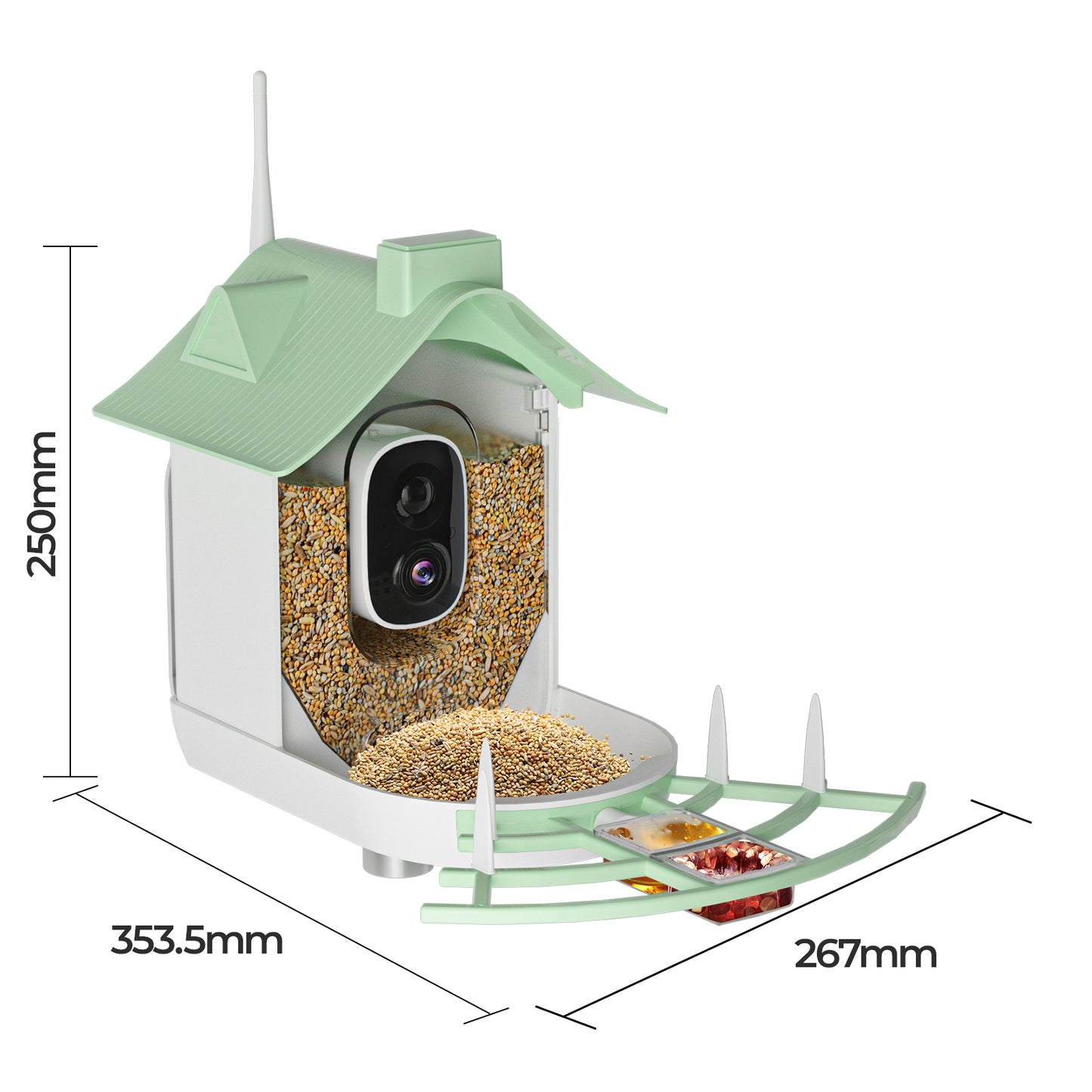 Nest Bird Feeder with camera and seed compartments, shown with dimensions on a white background