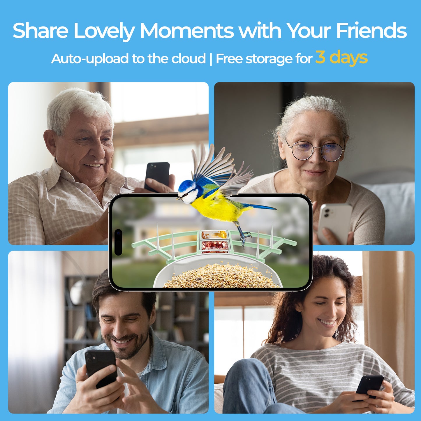 Promotional graphic with people using phones, auto-upload feature, and free storage offer.