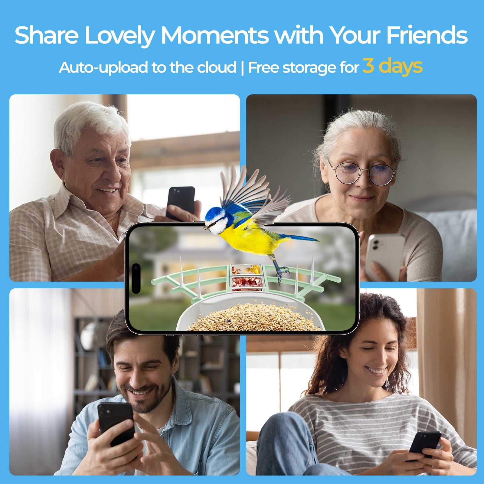 Promotional graphic with people using phones, auto-upload feature, and free storage offer.