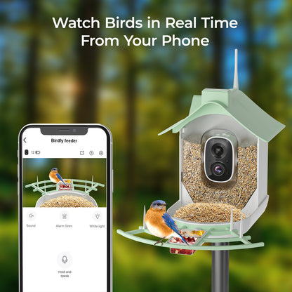 Nest Birdy Smart Bird Feeder F9 with camera and smartphone app displaying bird images, set against a blurred forest background.