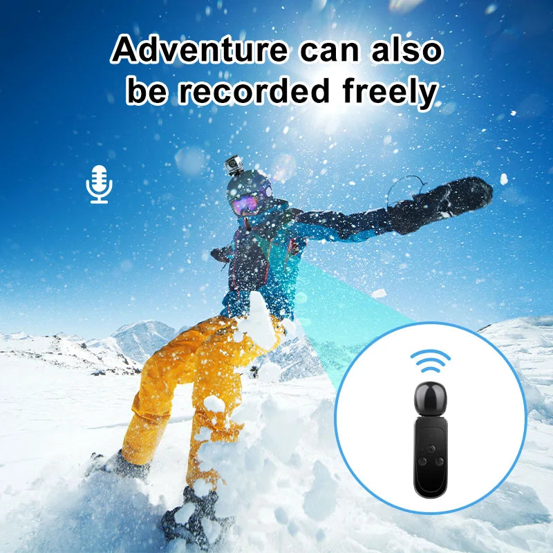 Person snowboarding with text 'Adventure can also be recorded freely' and a microphone icon, set against a snowy mountain backdrop, Nordzens Action Camera