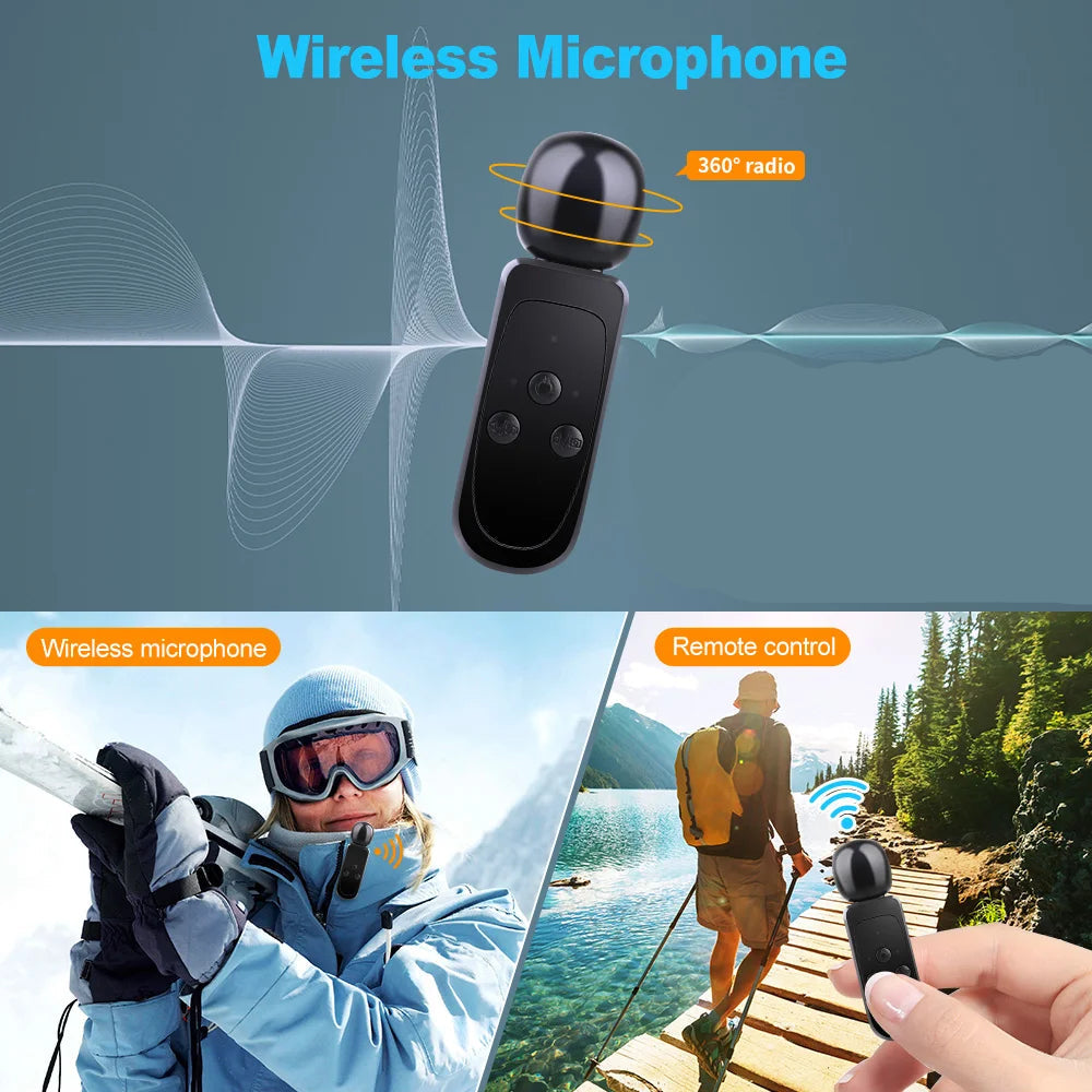 Wireless microphone with remote control features, used by a person in a snowy landscape and another by a lake, Nordzens Action Camera