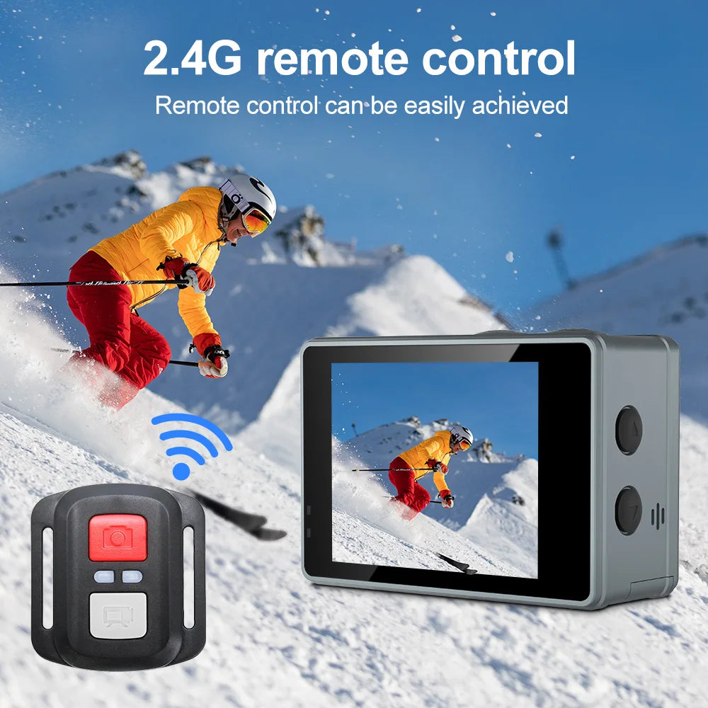 Nordzens Action Camera with remote control on a snowy mountain background