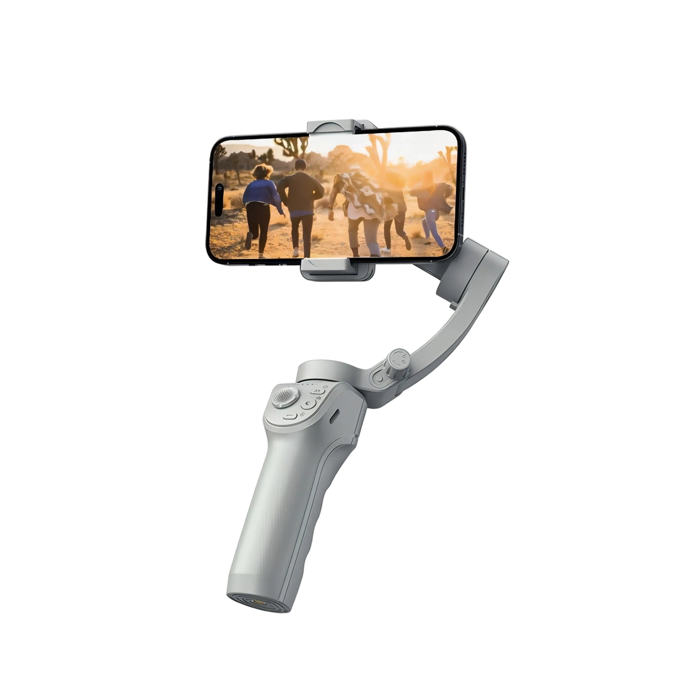 Nordzens Gimbal stabilizer with phone attached on a white background