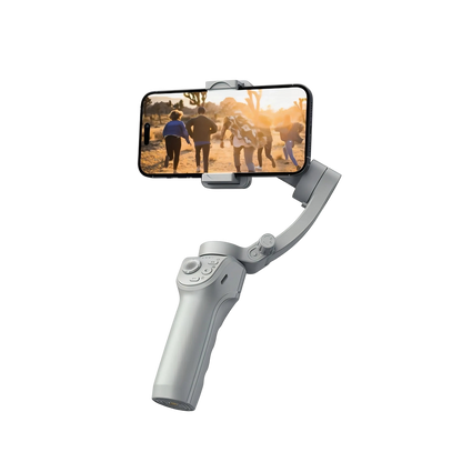 Nordzens Gimbal stabilizer with phone attached on a white background