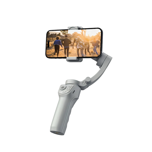 Nordzens Gimbal stabilizer with phone attached on a white background