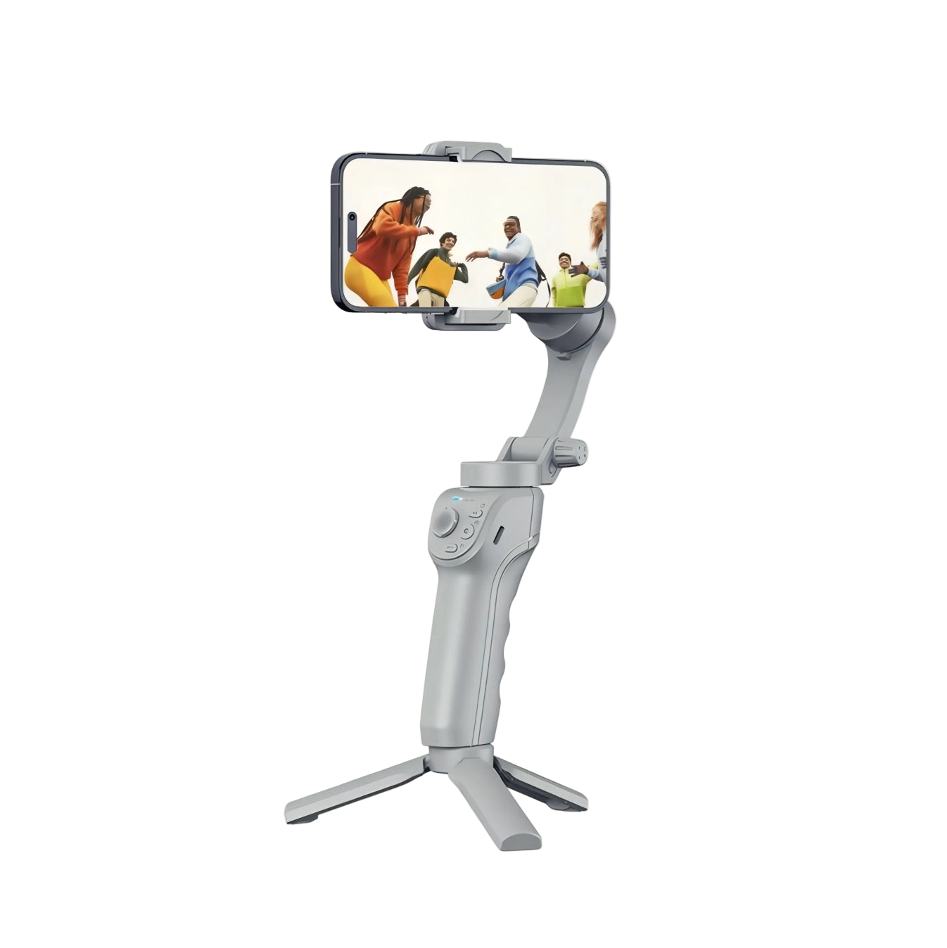 Phone Nordzens Gimbal stabilizer with smartphone displaying a sports game on a white background